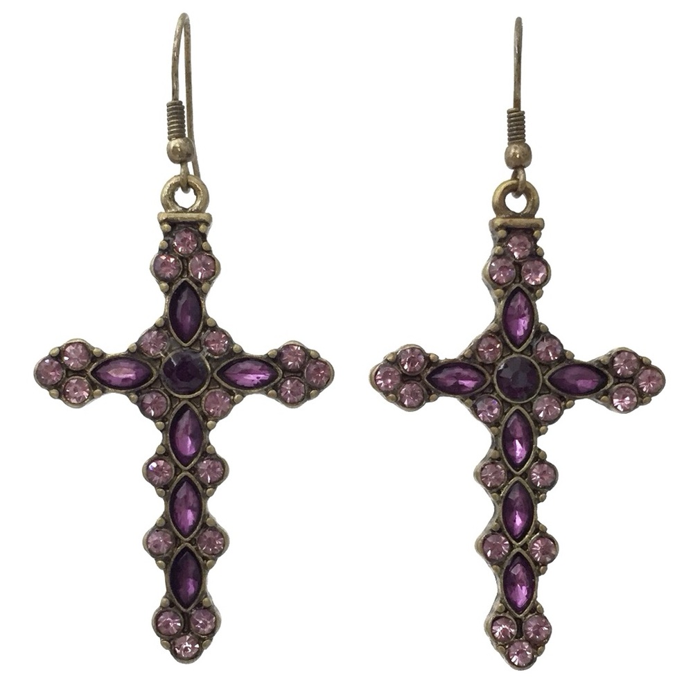 Purple Rhinestone Burnished Gold Tone Dangle Earrings